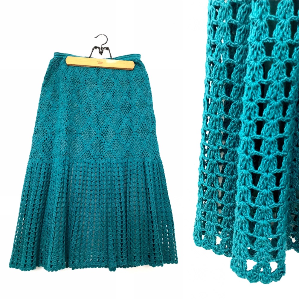 Vintage VTG Teal CROCHET KNIT Skirt